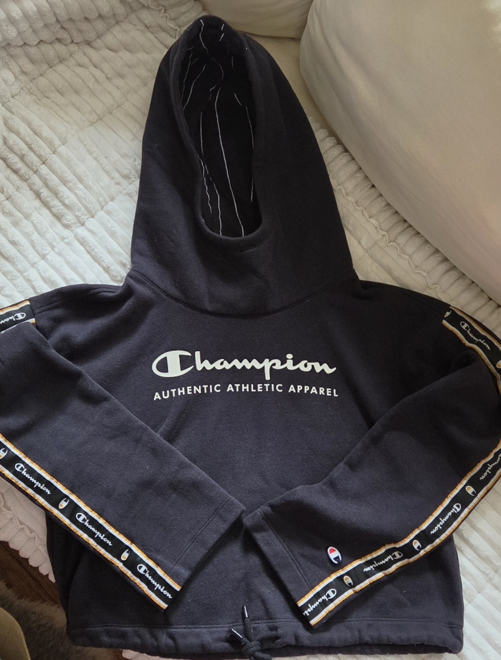 Champion Cropped Funnel Neck Hoodie Black Logo Tape Cinch Hem Size Small